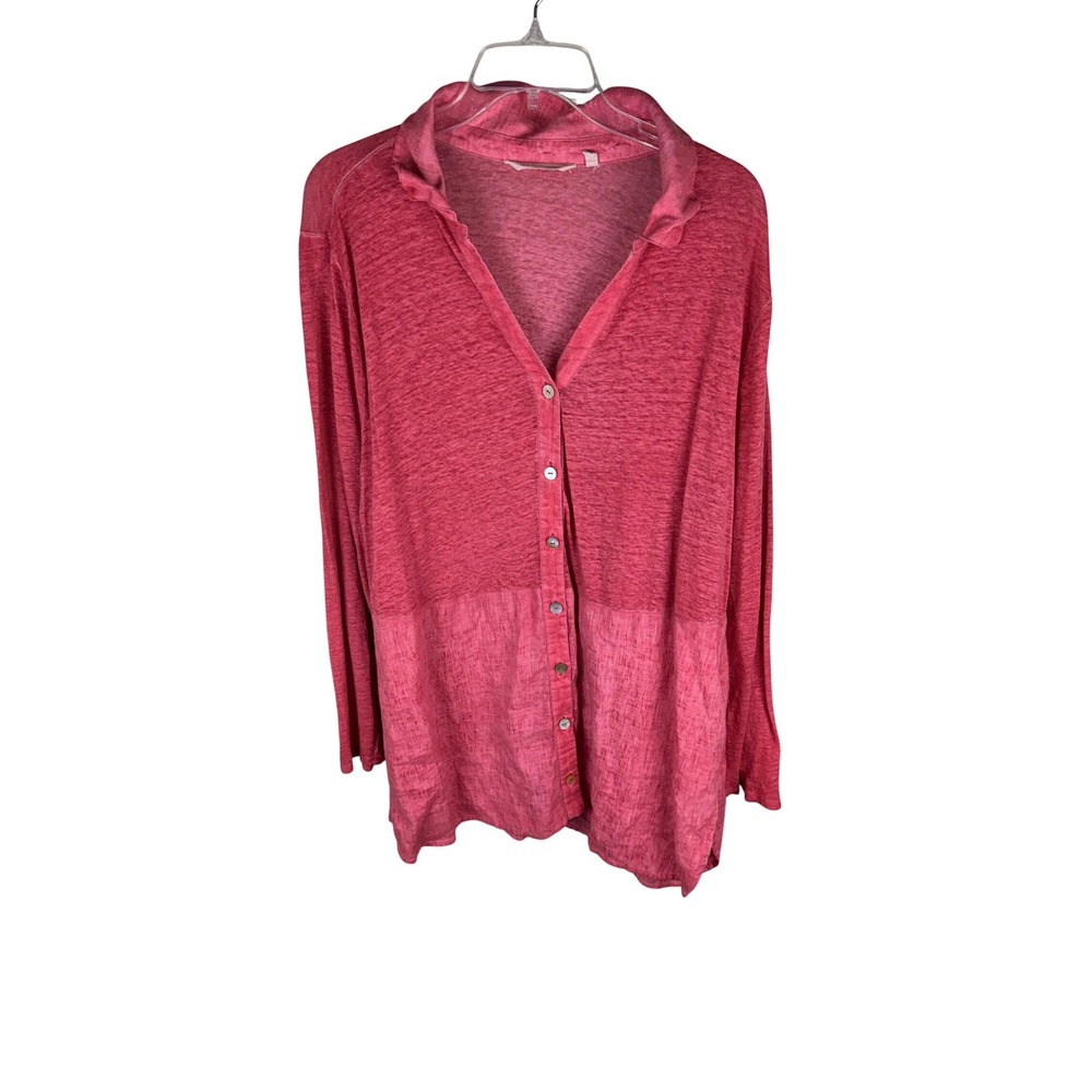 Soft Surroundings Womens 2X Pink 100% Linen Button Front Knit Woven Tunic Top